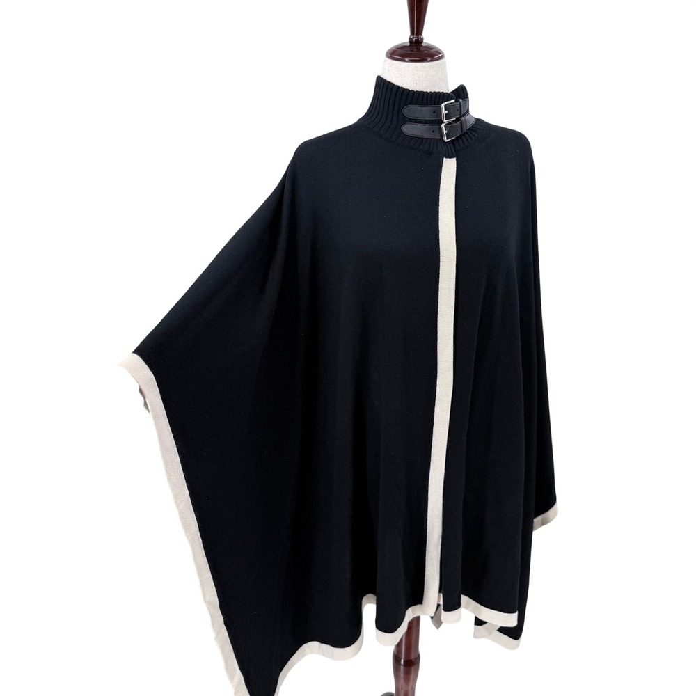Lauren Ralph Lauren Silk Cashmere Buckle Mock Neck Poncho Wrap Black 2X